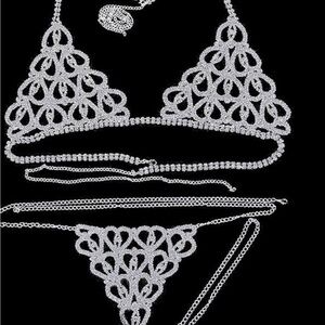 DA VEAMOR  rhinestone body chain silver bikini bra and thong set, NWT